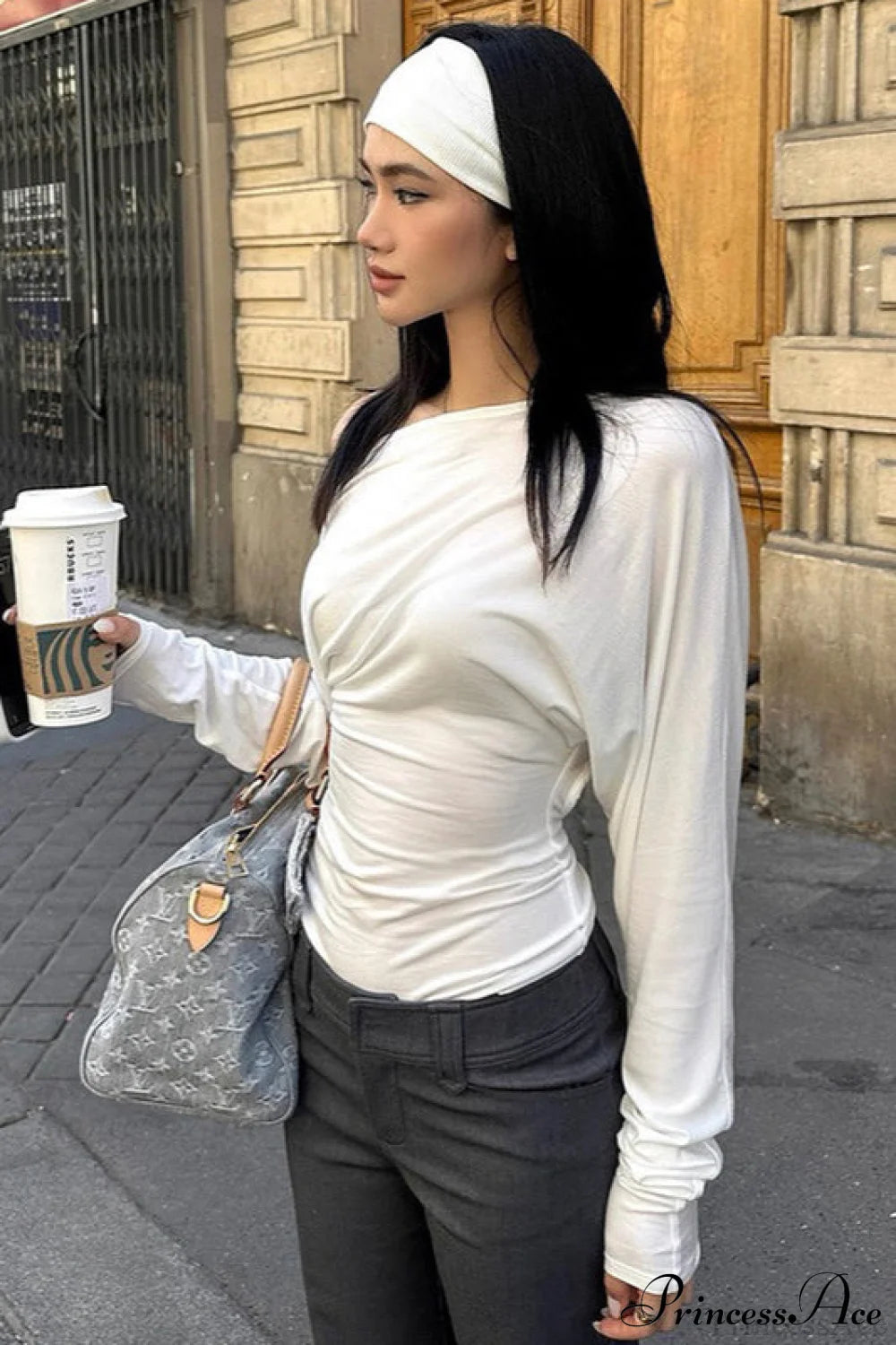 Solid Color Asymmetric Shoulder Cutout Long Sleeve Blouse White / S