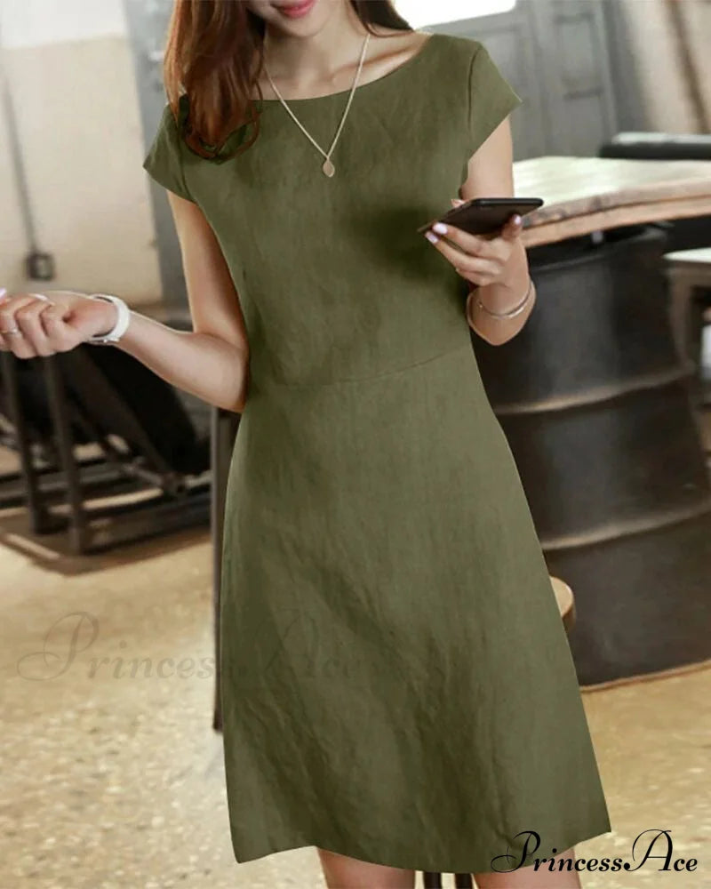 Cotton and linen solid color short-sleeved dress Army green 23BF Casual Dresses Clothes Cotton and Linen Dresses Summer