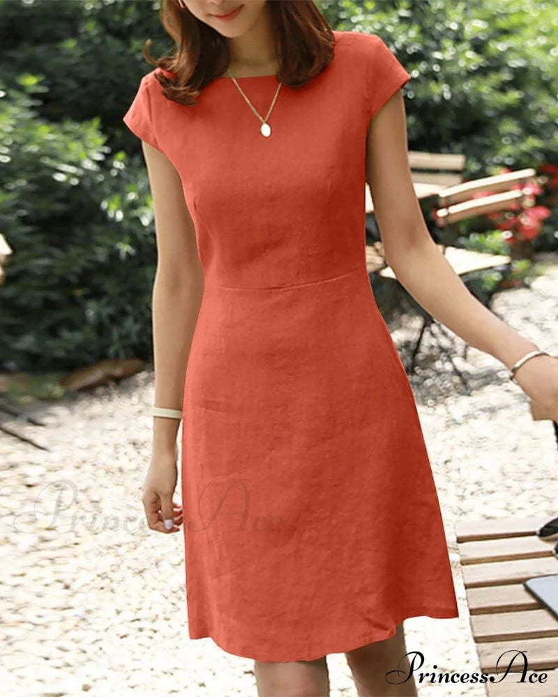 Cotton and linen solid color short-sleeved dress Orange 23BF Casual Dresses Clothes Cotton and Linen Dresses Summer
