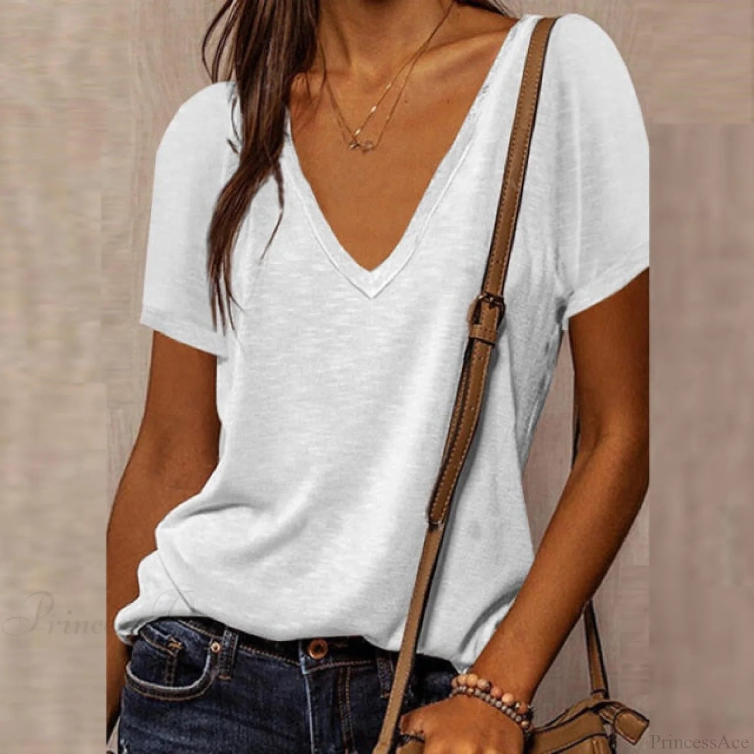 Neck Top Plus Women’s - T-Shirt Warm-Season Loose V Arm Patchwork Brief Size White / S