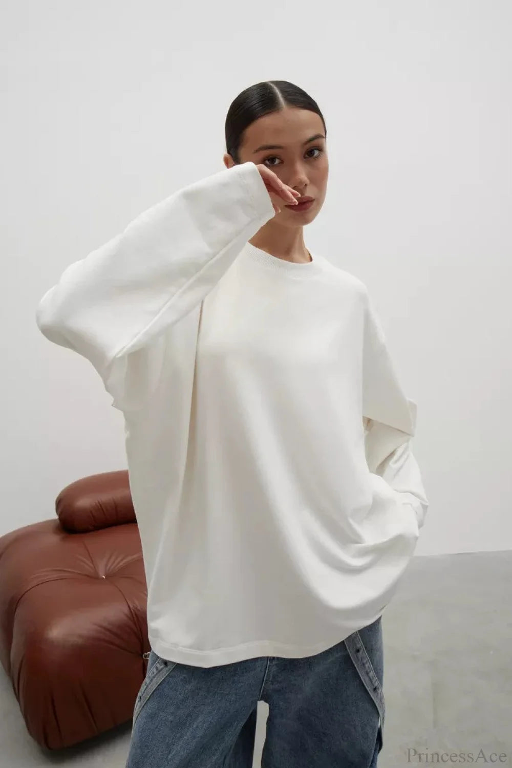 Solid Color Crew Neck Loose Casual Long Sleeve Tee White / S
