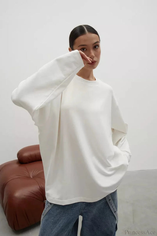 Solid Color Crew Neck Loose Casual Long Sleeve Tee White / S