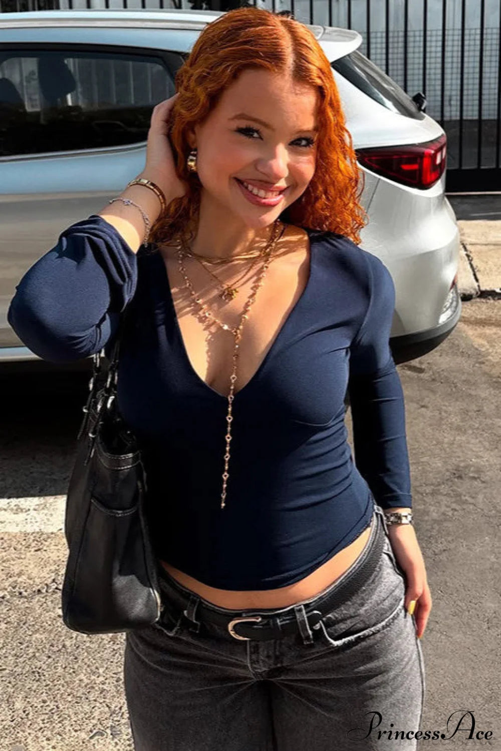 Solid Color Deep V Neck Slim Flare Sleeve Long Sleeve Tee Blue / S