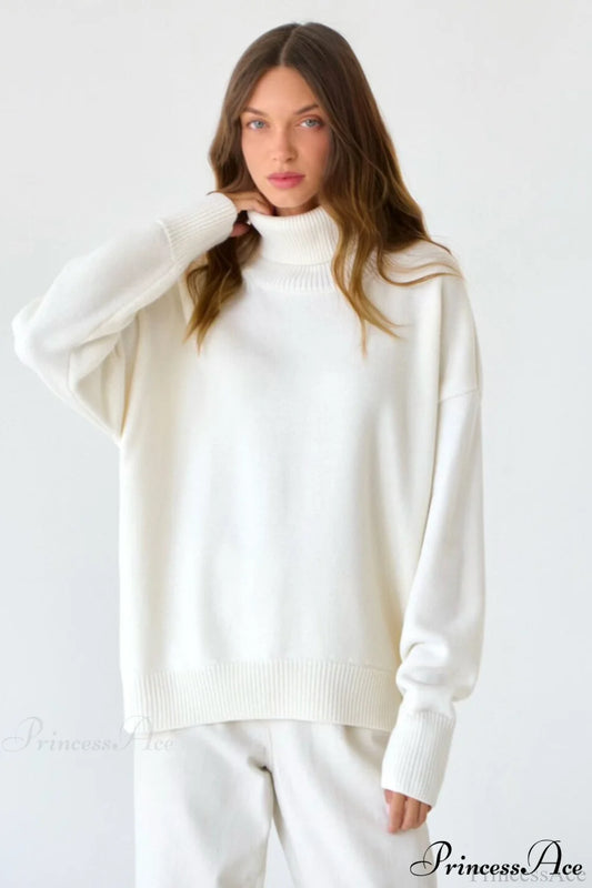 Solid Color High-Neck Loose Knit Sweater White / S
