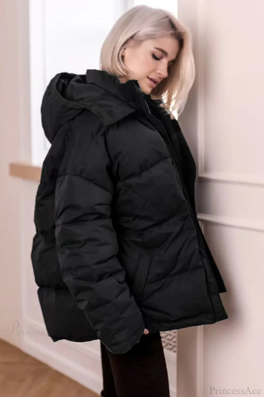 Solid Color Hooded Zippered Thickened Quilted Coat