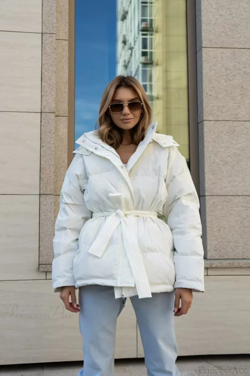 Solid Color Hooded Zippered Thickened Quilted Coat White / S