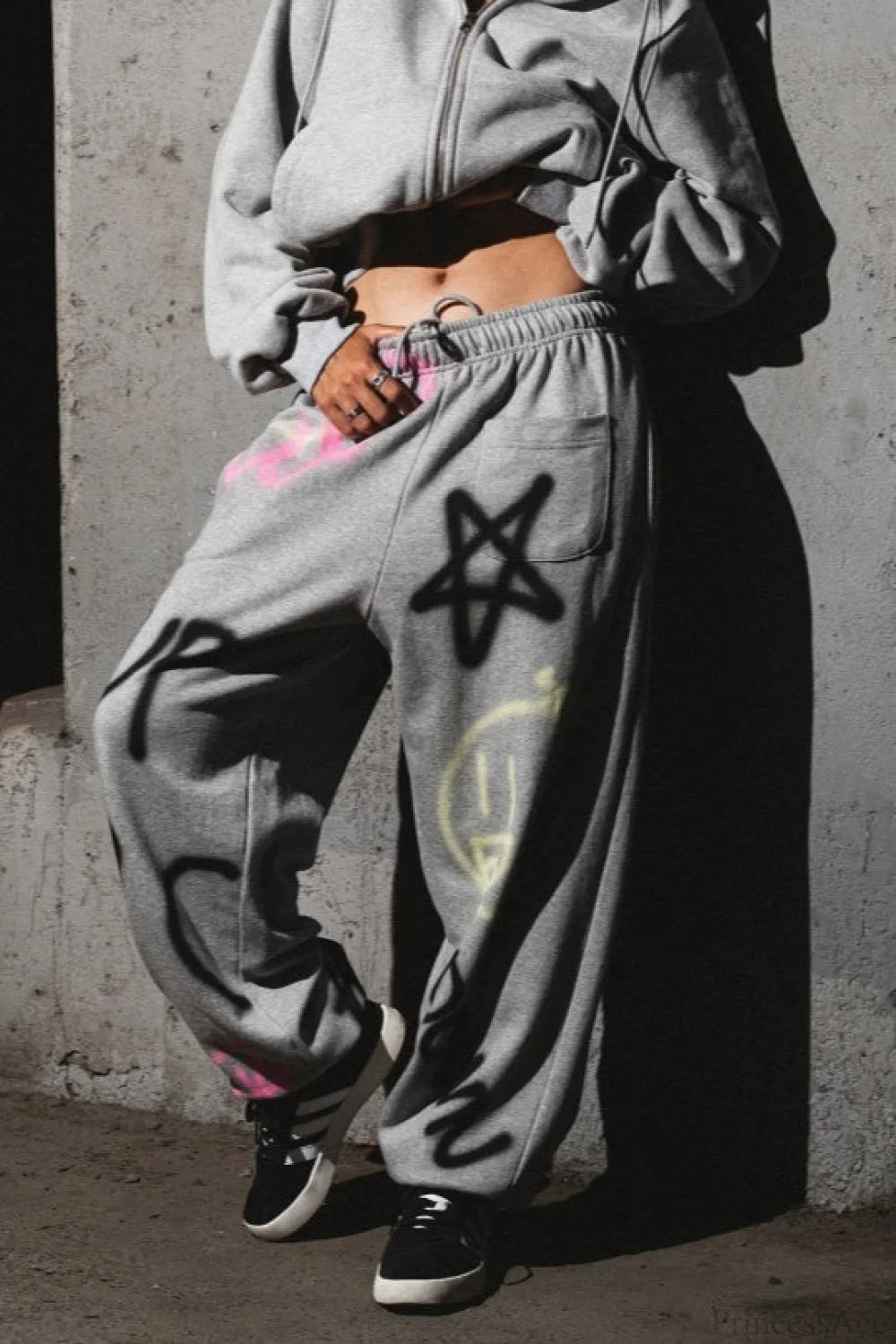 solid color hoodie Colorful Graffiti Letter Casual Pants Two Piece Set