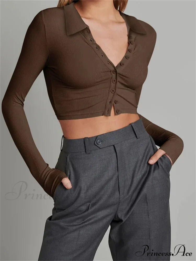 Solid Color Long Sleeve Basic Cropped Ribbed T-Shirts