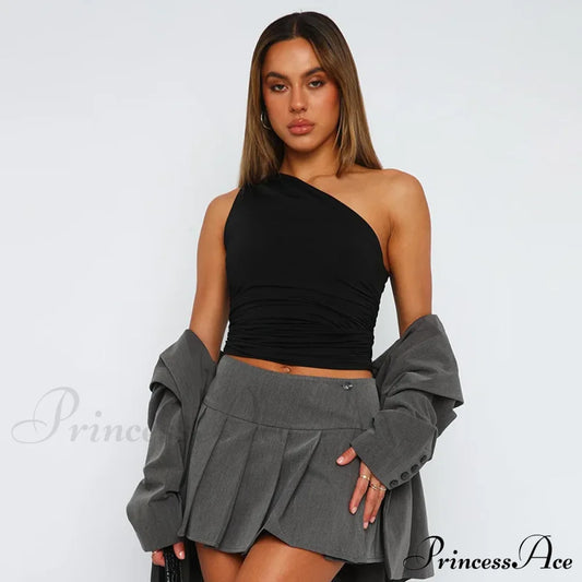 Solid Color One Shoulder Backless Candy Tight Sexy Sleeveless Neckless Slim Casual Tank Top Black /