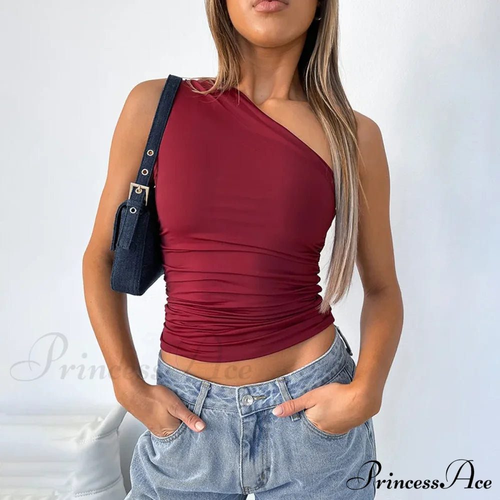 Solid Color One Shoulder Backless Candy Tight Sexy Sleeveless Neckless Slim Casual Tank Top Claret