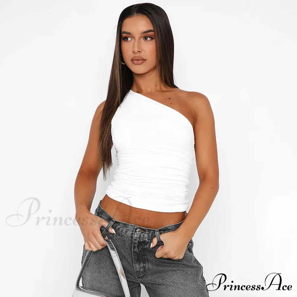 Solid Color One Shoulder Backless Candy Tight Sexy Sleeveless Neckless Slim Casual Tank Top White /