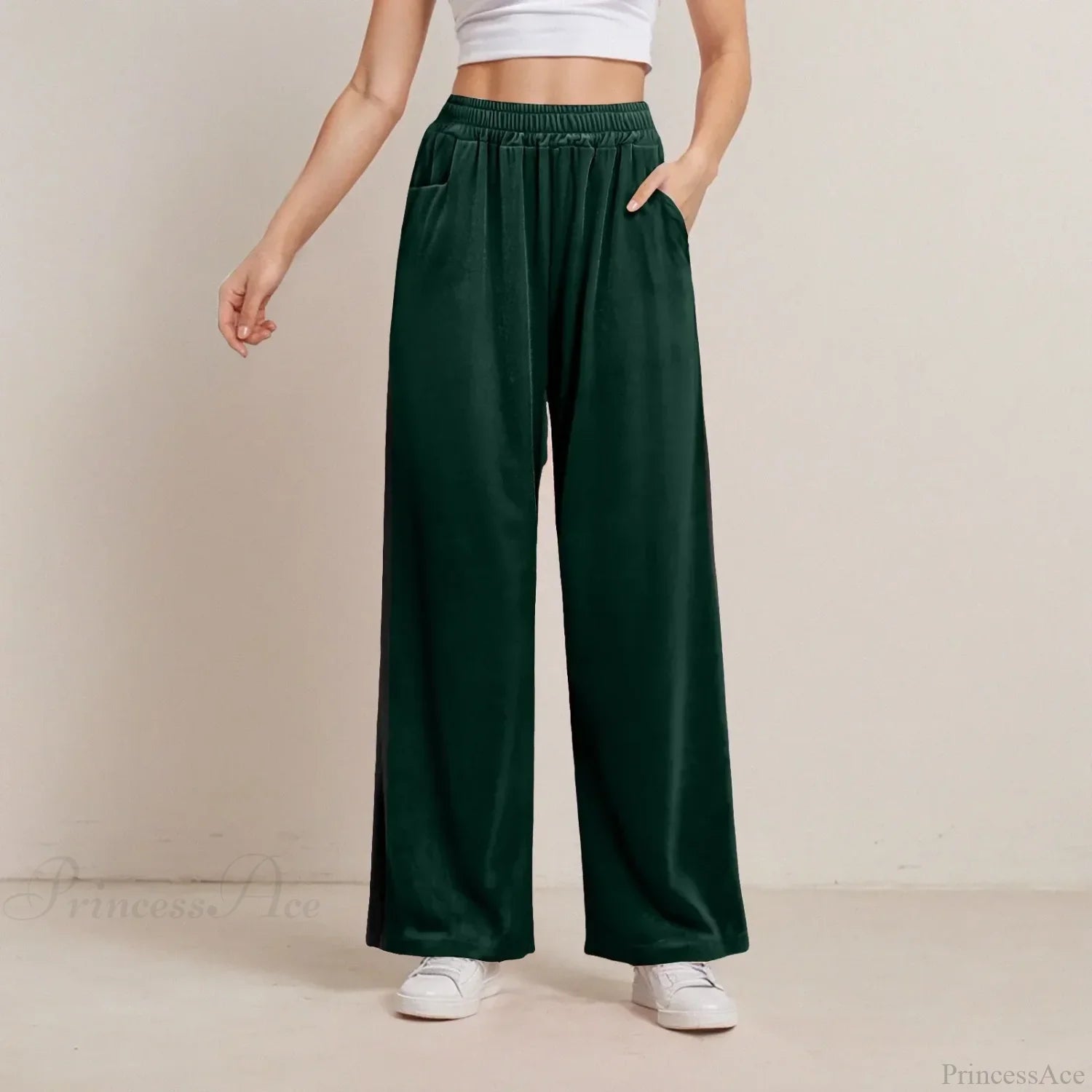 Solid Color Pocket Stretch Casual Pants Green / S