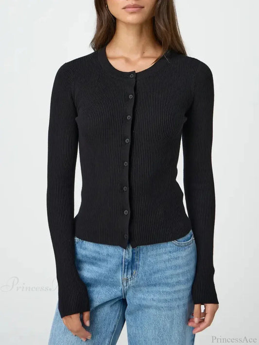 Solid Color Ribbed Long Sleeve Knit Cardigan black / S