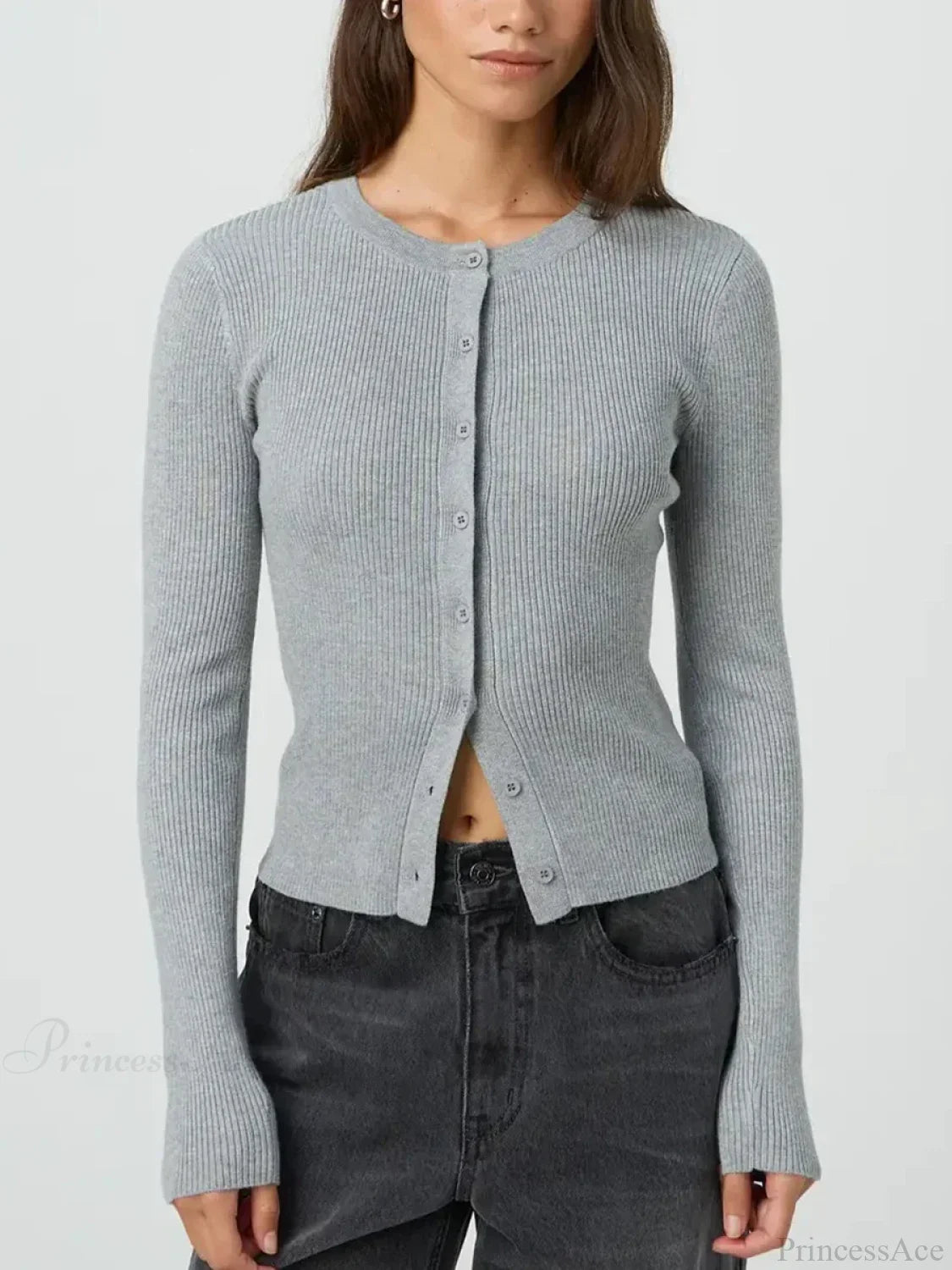 Solid Color Ribbed Long Sleeve Knit Cardigan grey / S