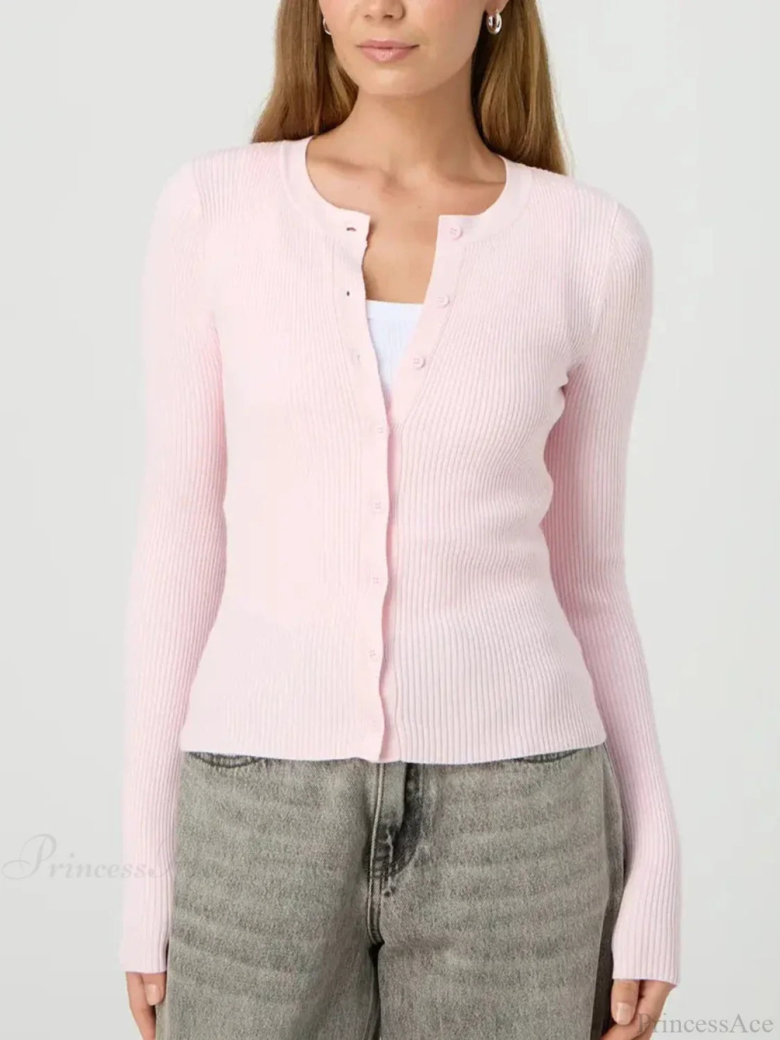 Solid Color Ribbed Long Sleeve Knit Cardigan PINK / S