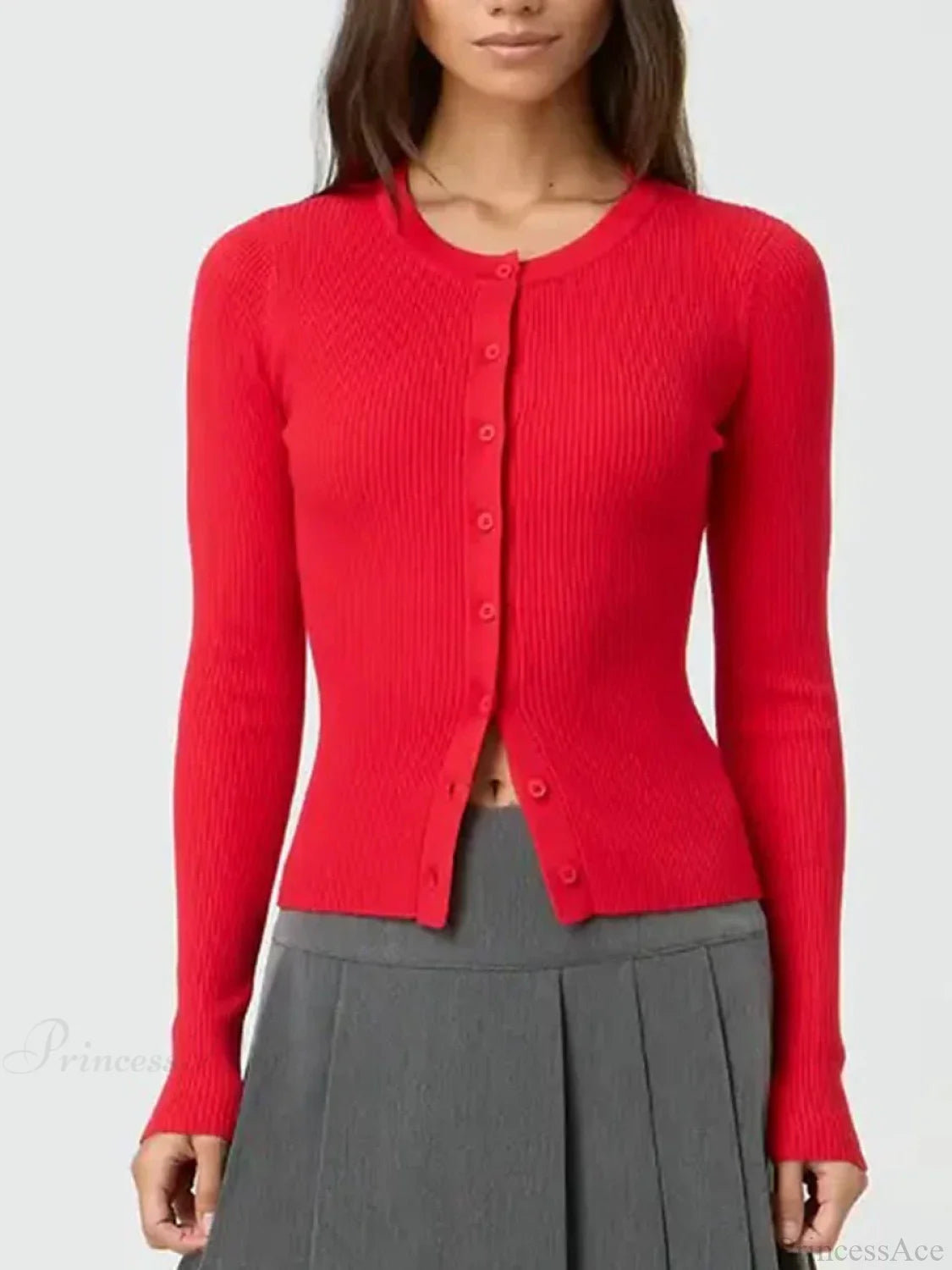 Solid Color Ribbed Long Sleeve Knit Cardigan red / S