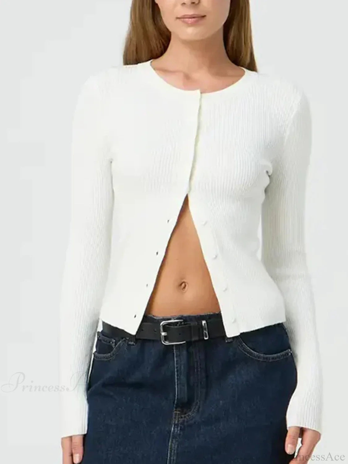 Solid Color Ribbed Long Sleeve Knit Cardigan white / S