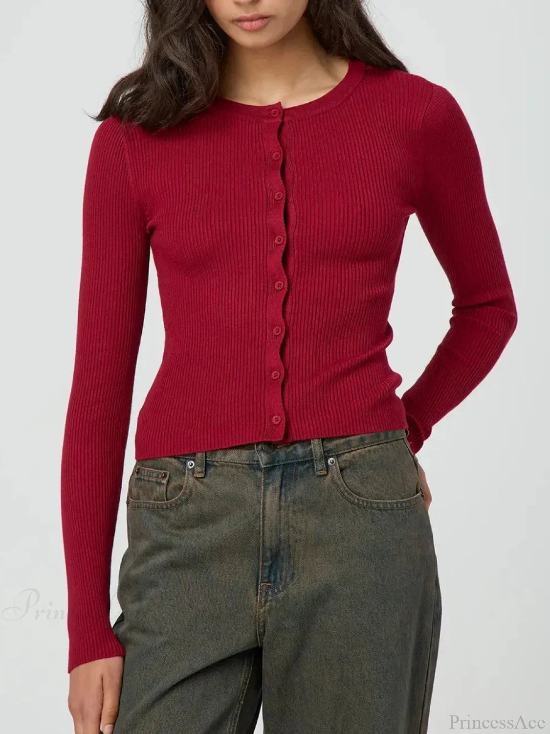 Solid Color Ribbed Long Sleeve Knit Cardigan wine red / S