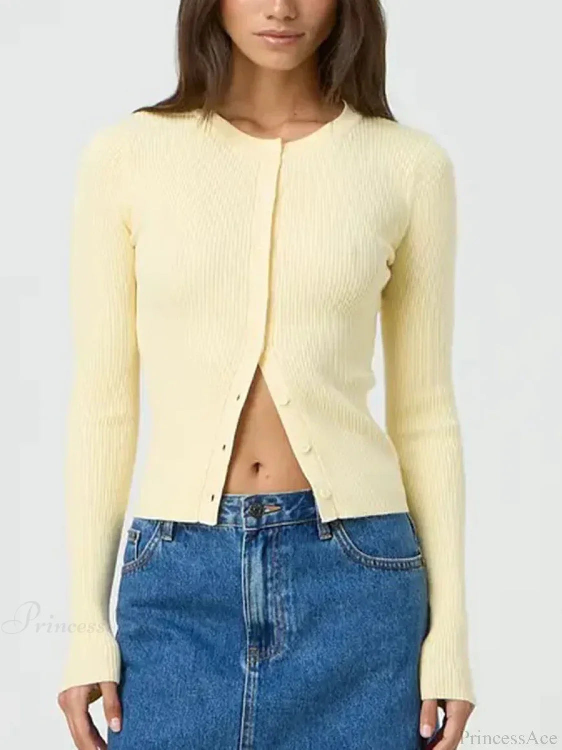 Solid Color Ribbed Long Sleeve Knit Cardigan yellow / S