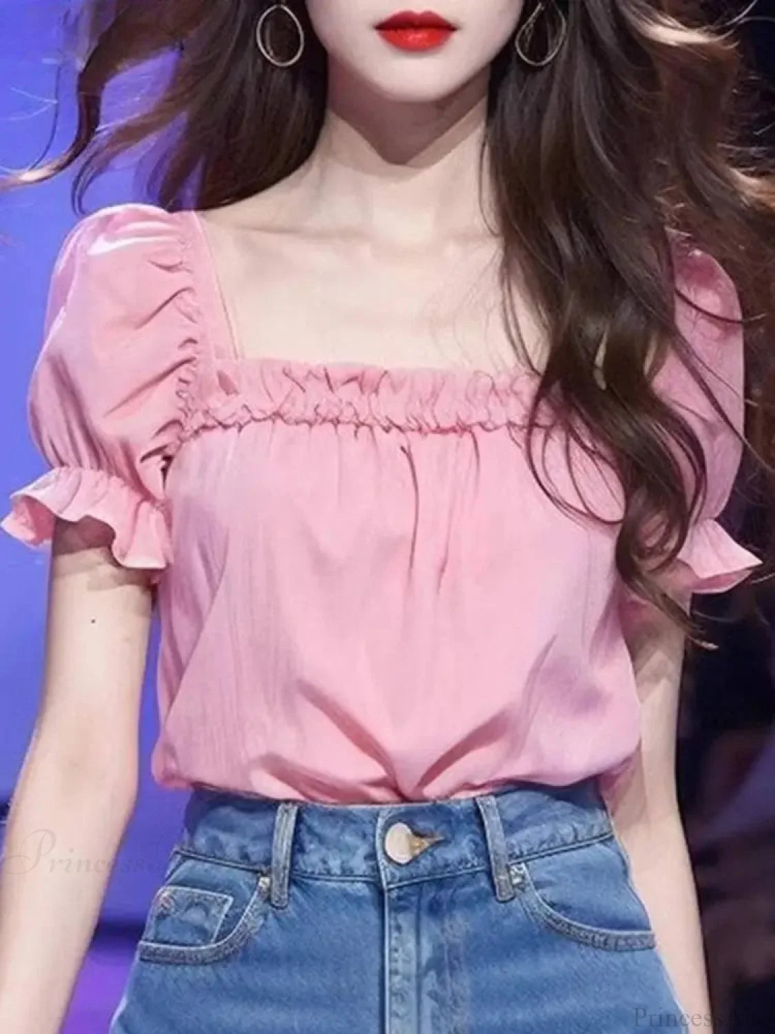 Solid Color Ruffled Square Neck Short Sleeve Blouse blouse-250126