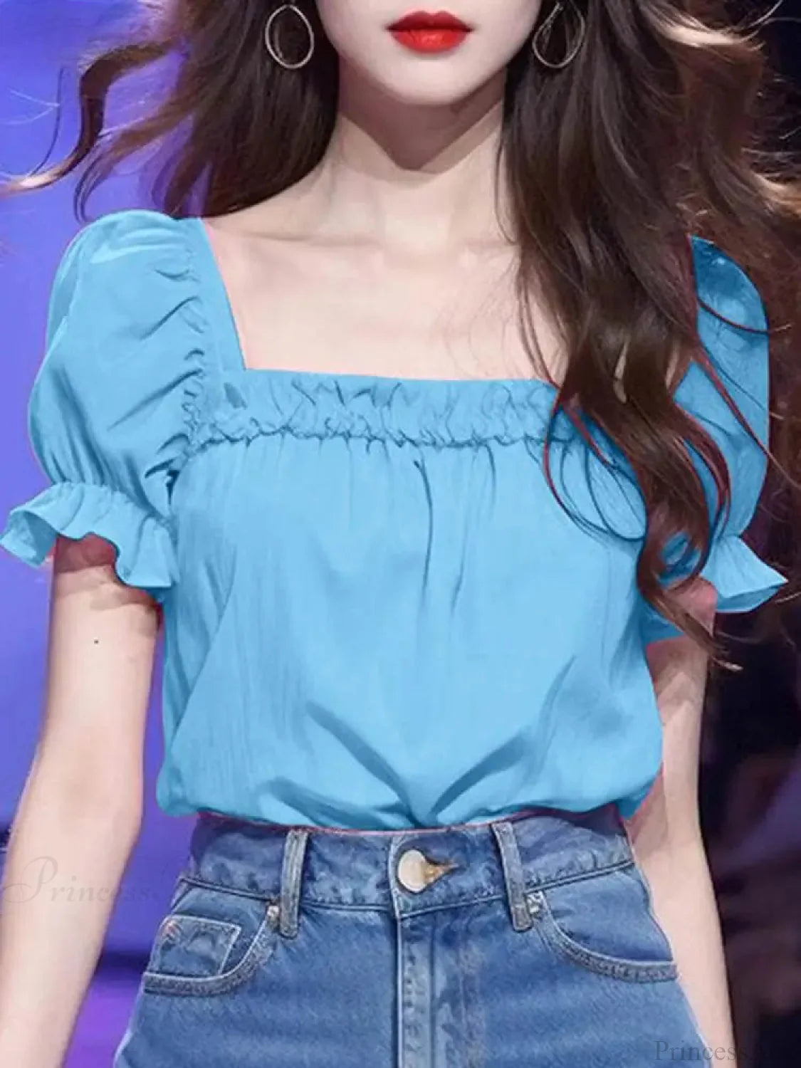 Solid Color Ruffled Square Neck Short Sleeve Blouse blouse-250126