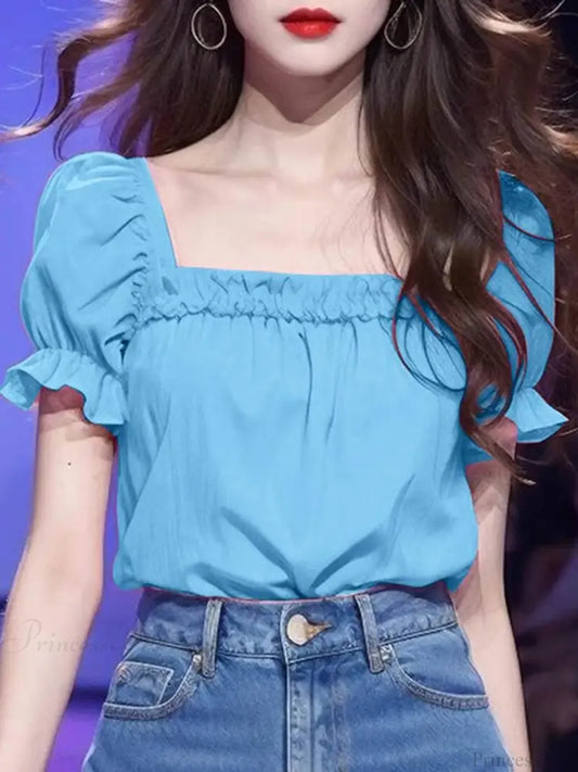 Solid Color Ruffled Square Neck Short Sleeve Blouse Blue / S blouse-250126
