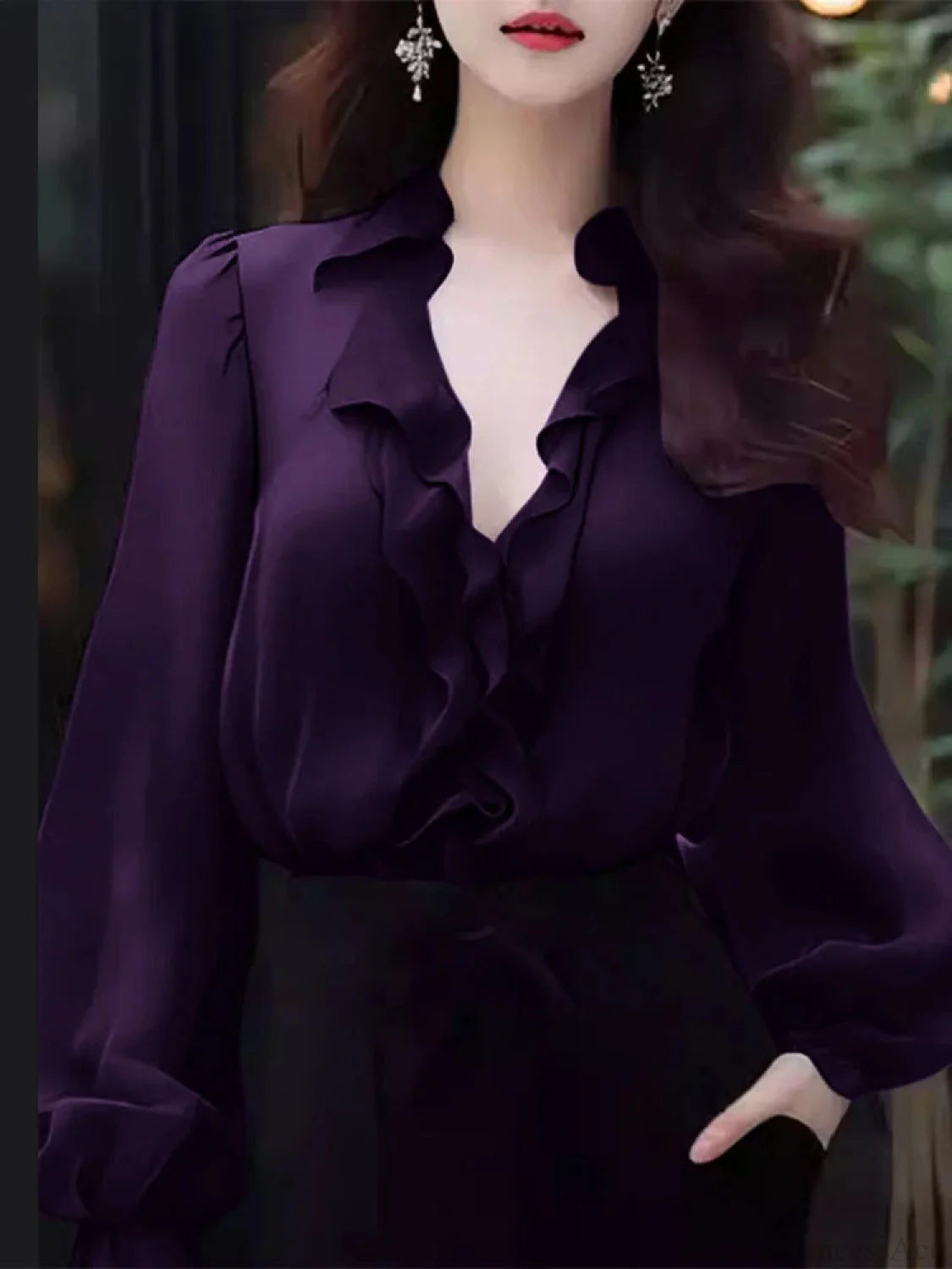 Solid Color Ruffled V-neck Lantern Sleeve Blouse PURPLE / S blouse-250126