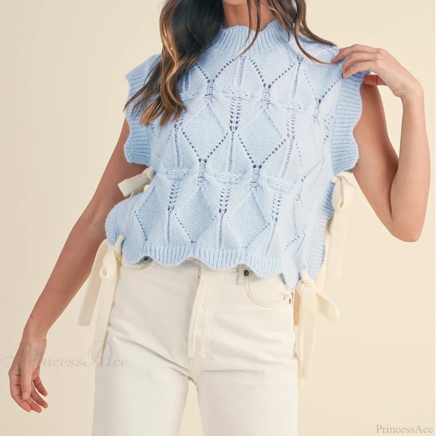 Solid Color Scalloped Trim Warm Sweater Blue / S