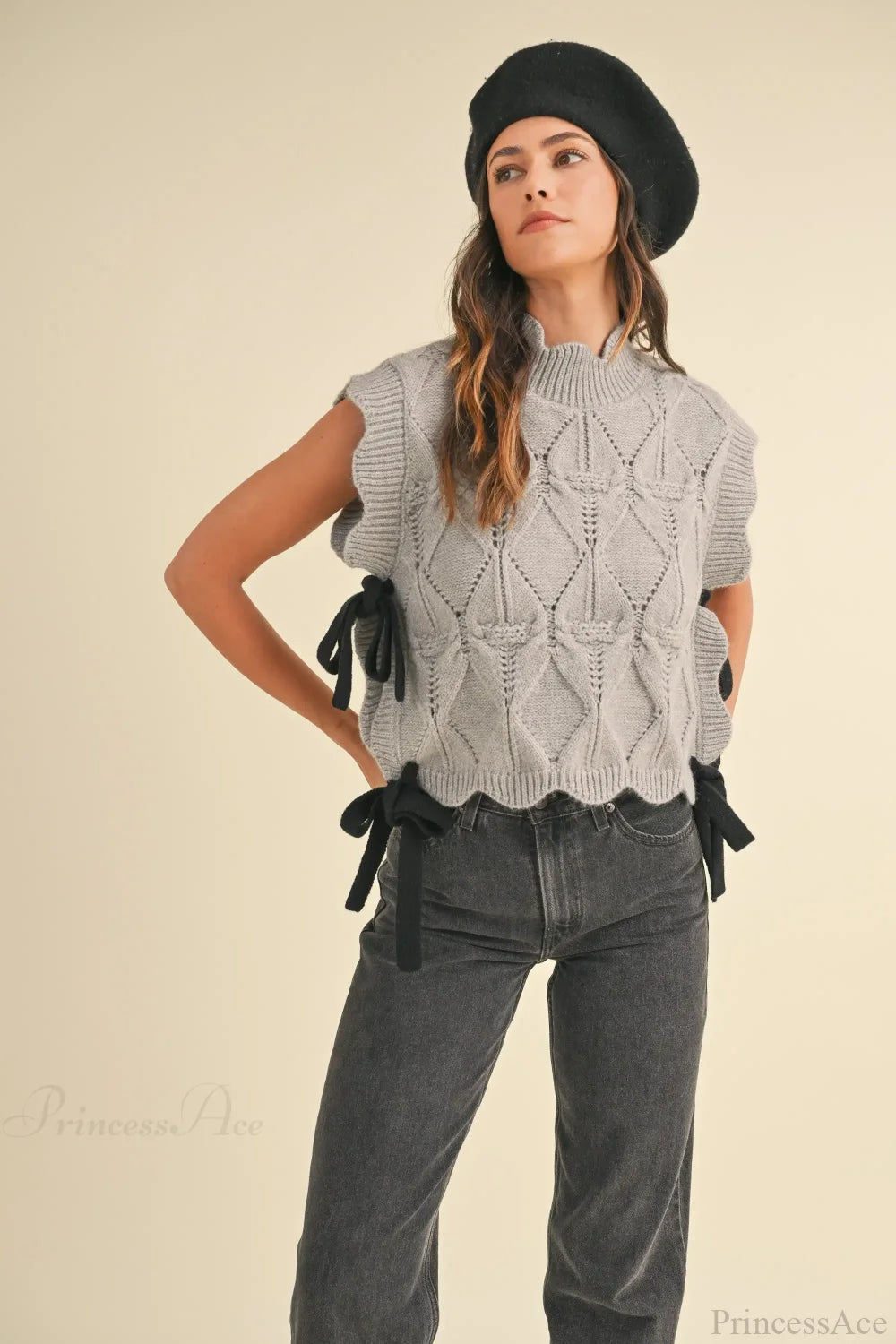 Solid Color Scalloped Trim Warm Sweater GRAY / S