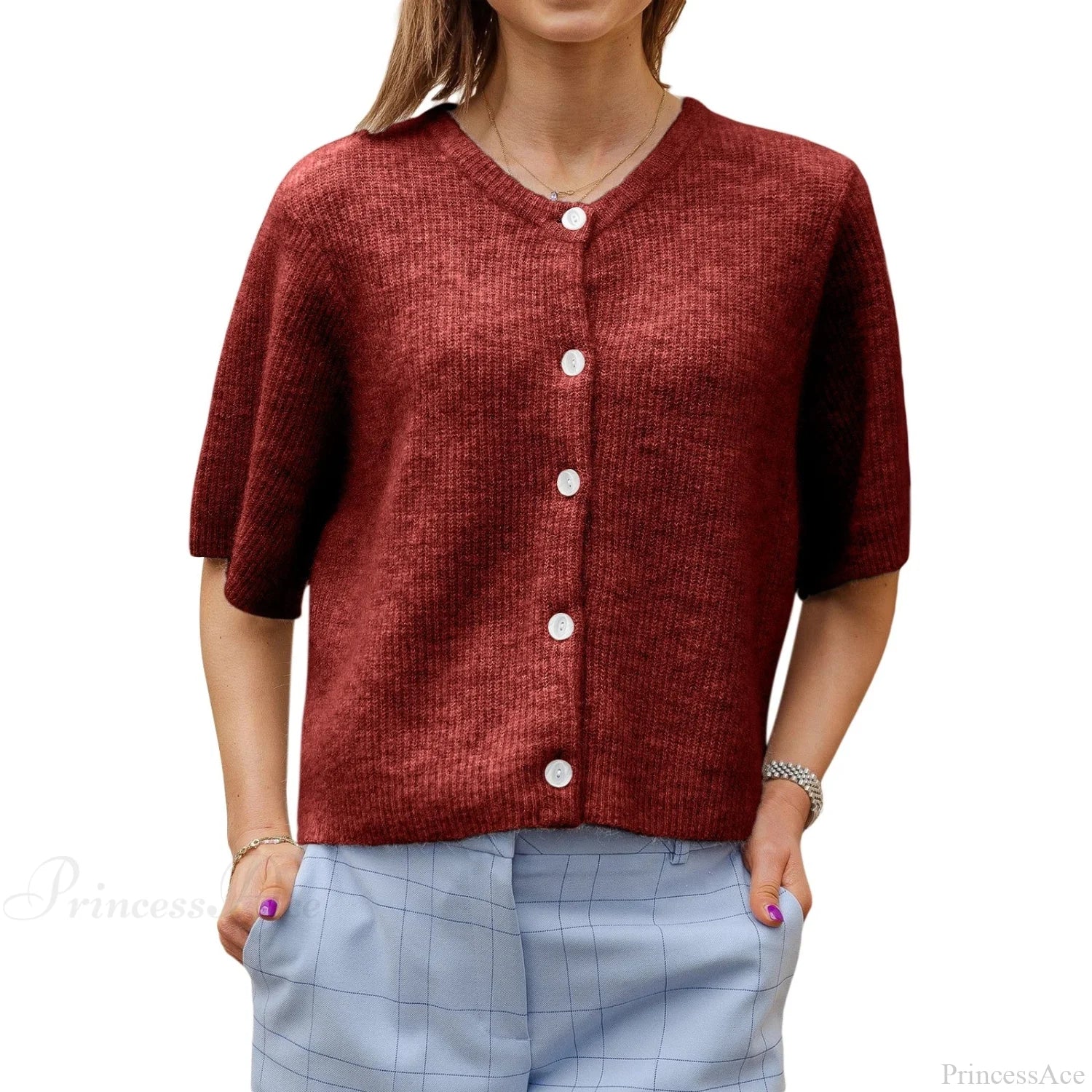 Solid Color Short Sleeve Button Cardigan Burgundy / S