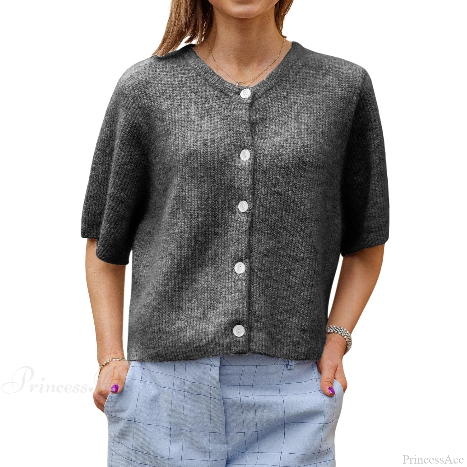 Solid Color Short Sleeve Button Cardigan Dark Grey / S