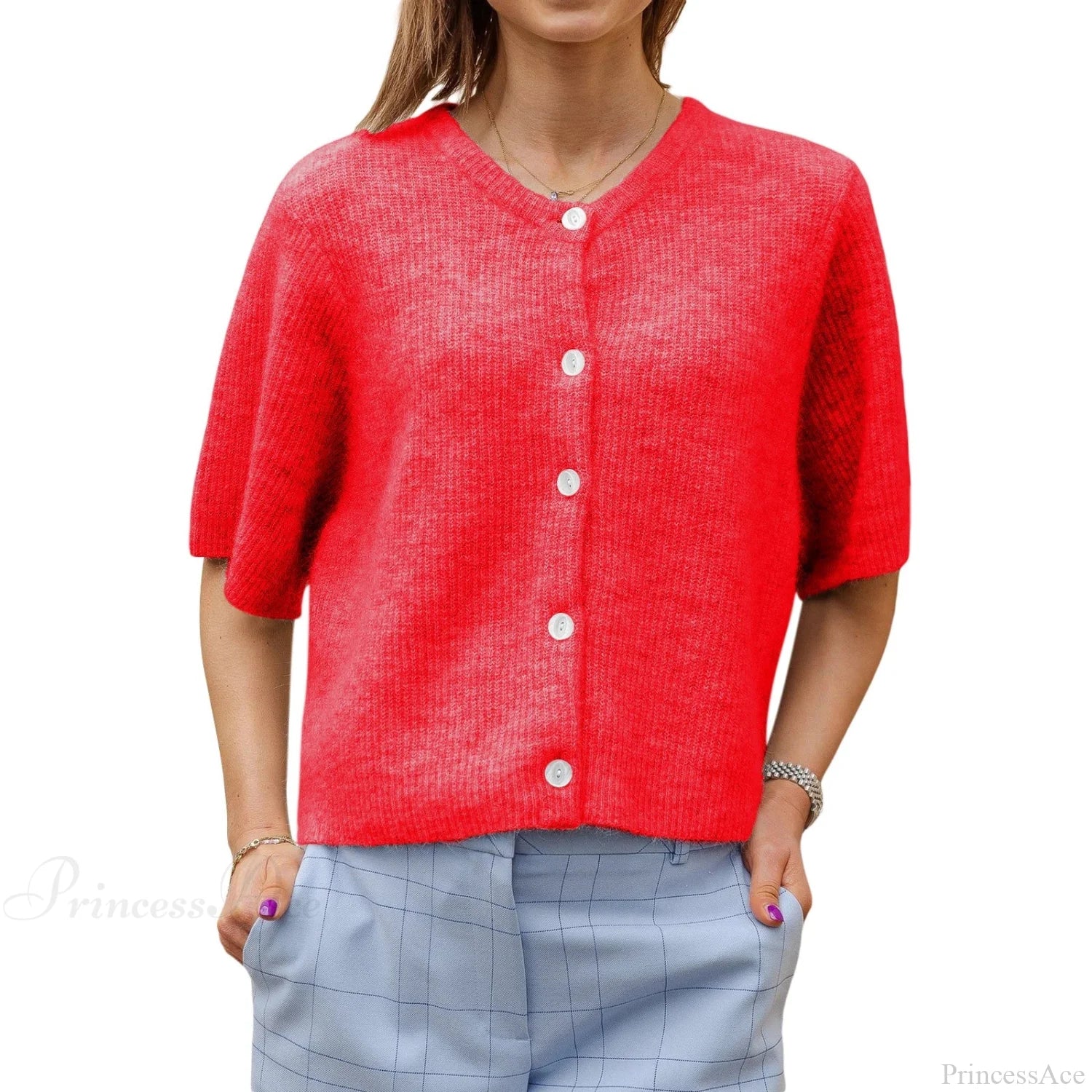 Solid Color Short Sleeve Button Cardigan Red / S