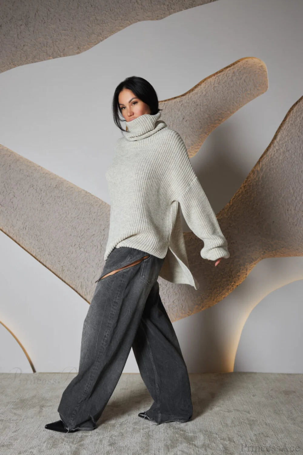 Solid Color Simple Turtleneck Pullover Mid length Knit Sweater