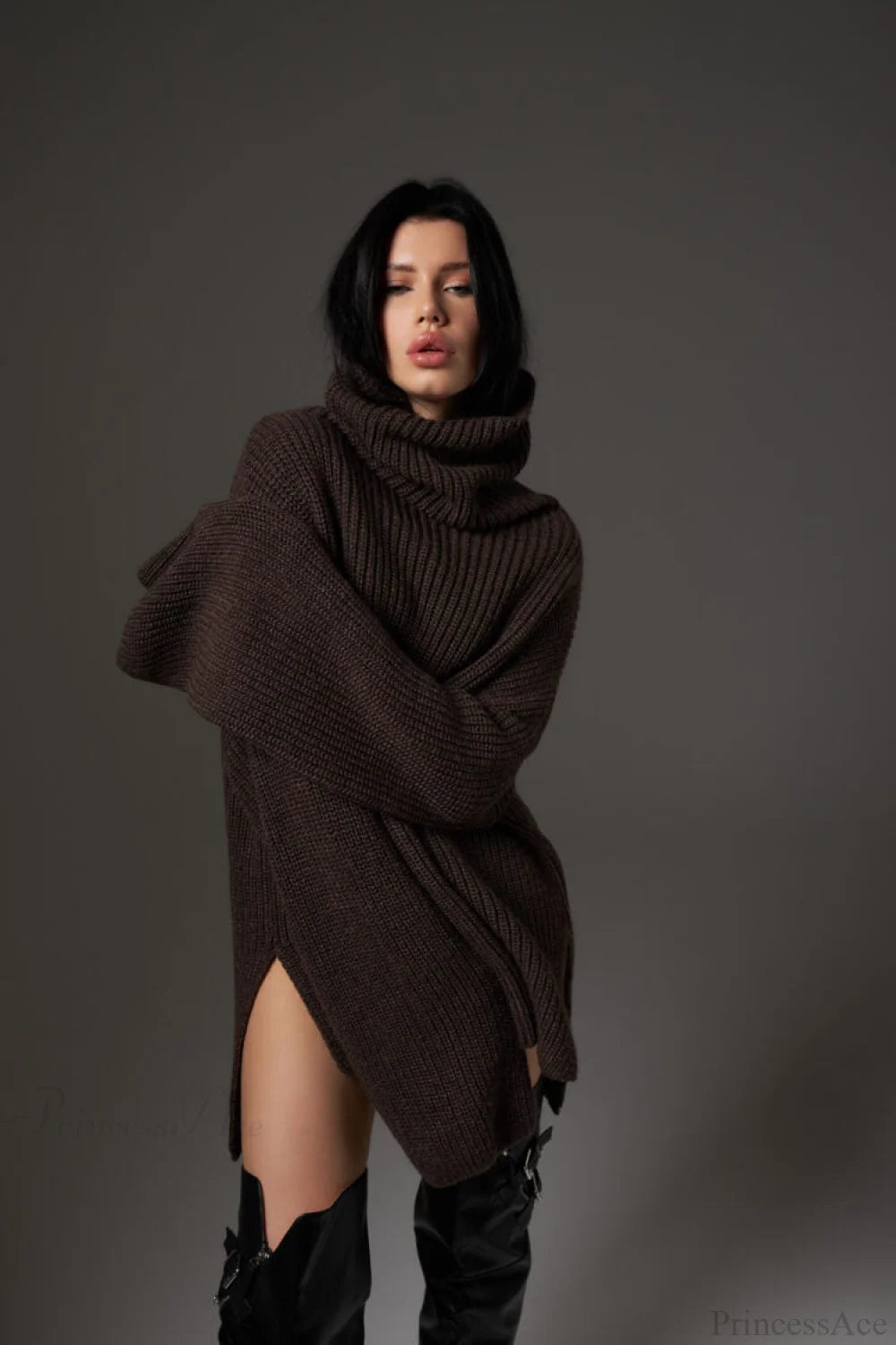 Solid Color Simple Turtleneck Pullover Mid length Knit Sweater