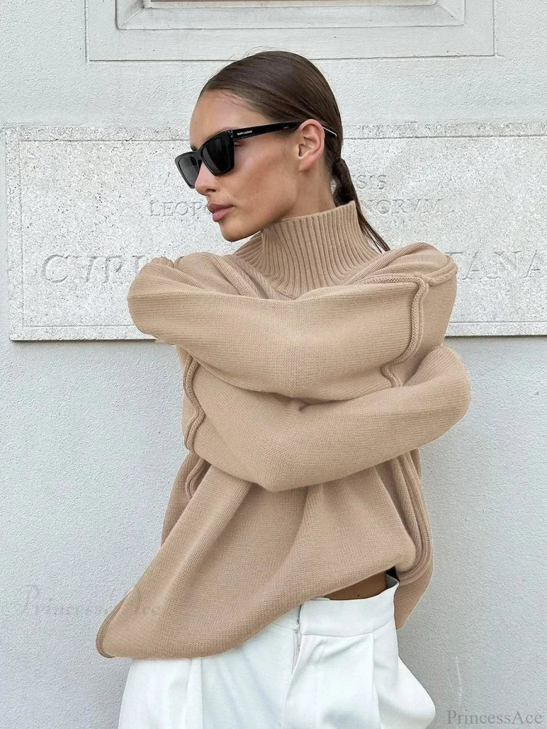 Solid Color Turtleneck Thick Loose Sweater Khaki / S