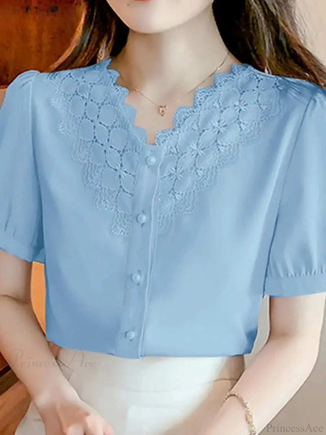 Solid Color V Neck Short Sleeve Office Blouse Blue / S blouse-250126