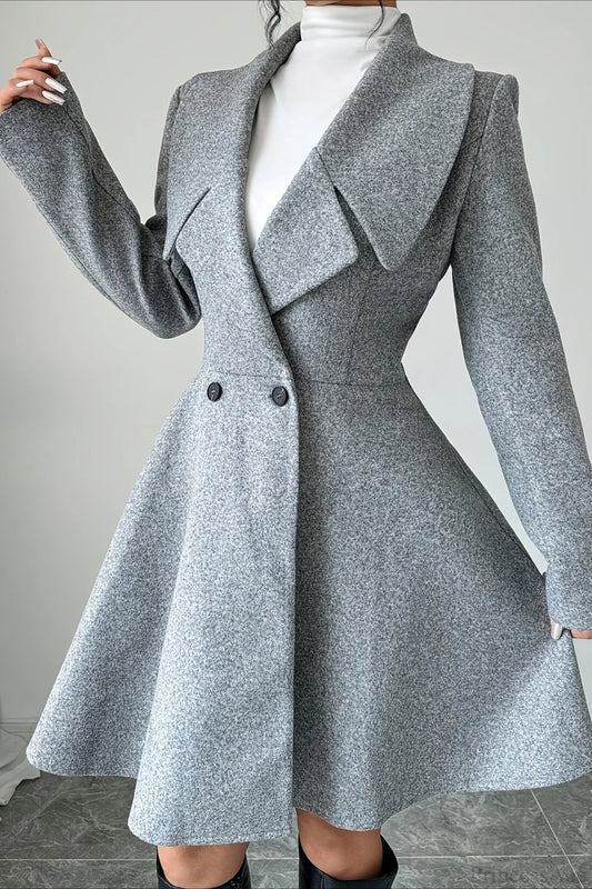 Solid Color Wool Tie Waist Elegant Long Sleeve Overcoat Grey / S