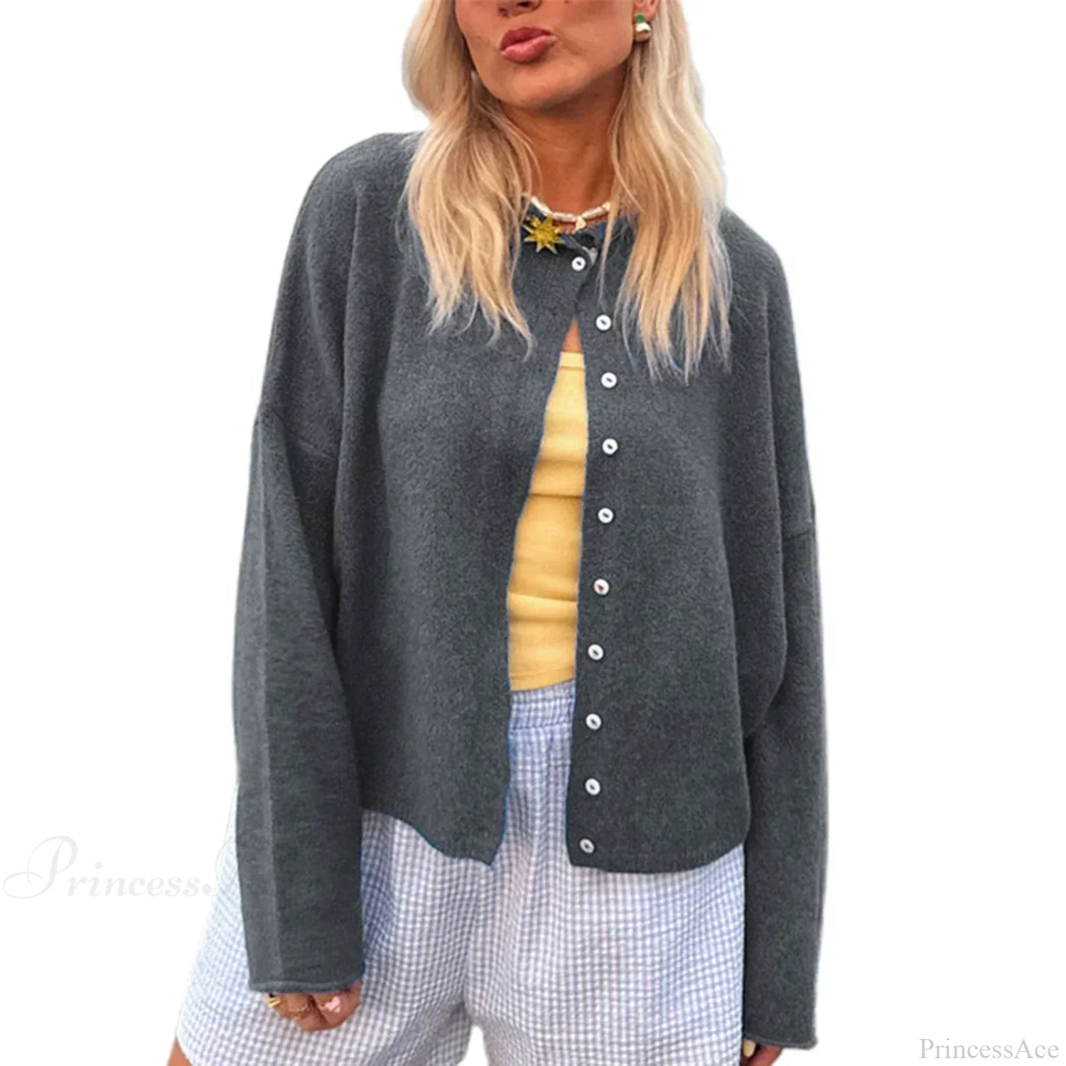 Solid Cozy Button-front Knit Cardigan GRAY / S