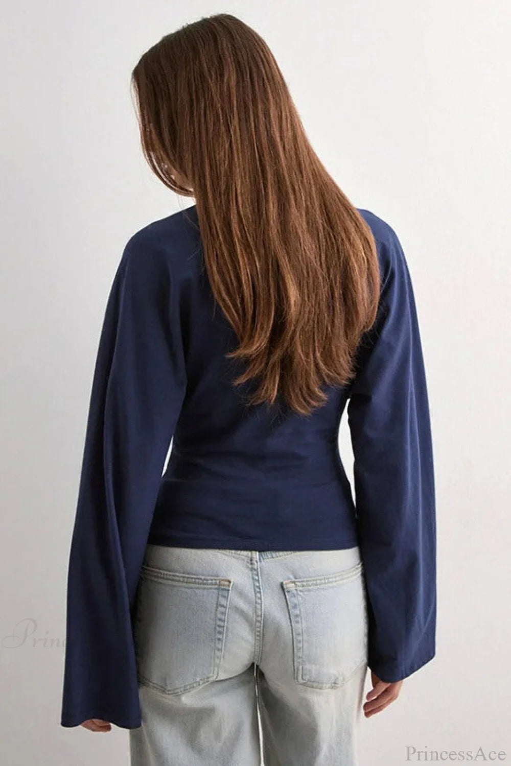 Solid Crew Neck Wide Sleeve Waist Cinched Long Sleeve Tee