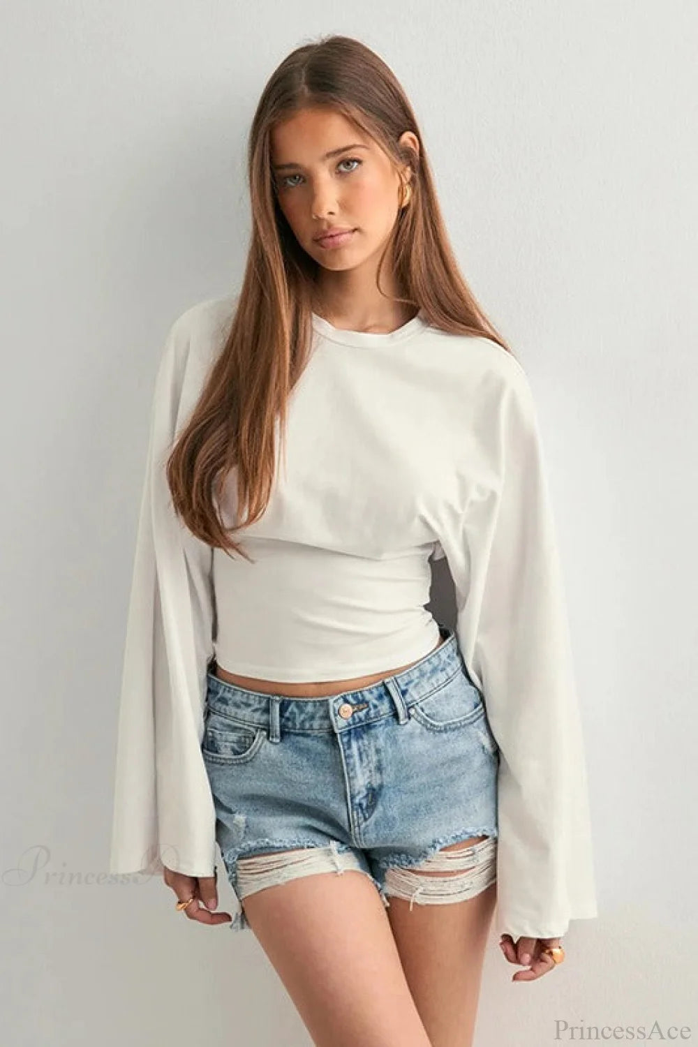 Solid Crew Neck Wide Sleeve Waist Cinched Long Sleeve Tee White / XS