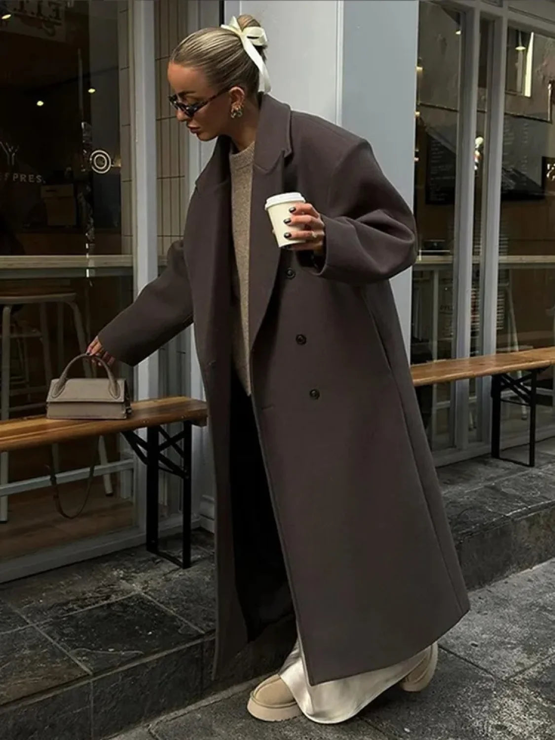 Solid Double-Breasted Turn-Down Overcoat