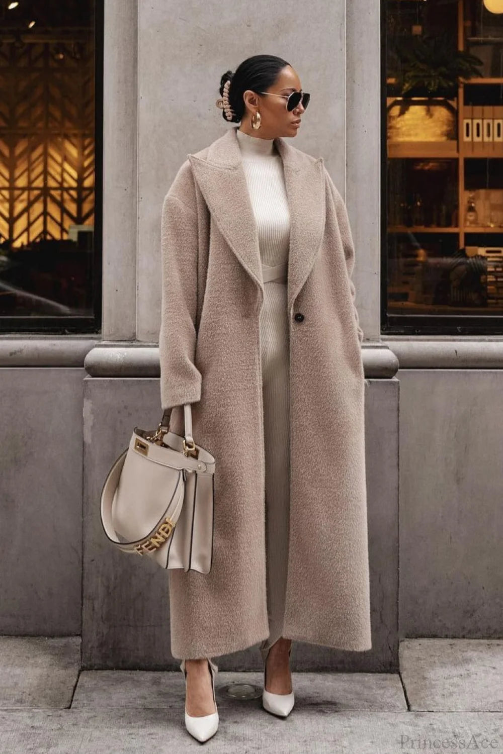 Solid Elegant Minimalist Warm Notched Collar Teddy Overcoat Khaki / S