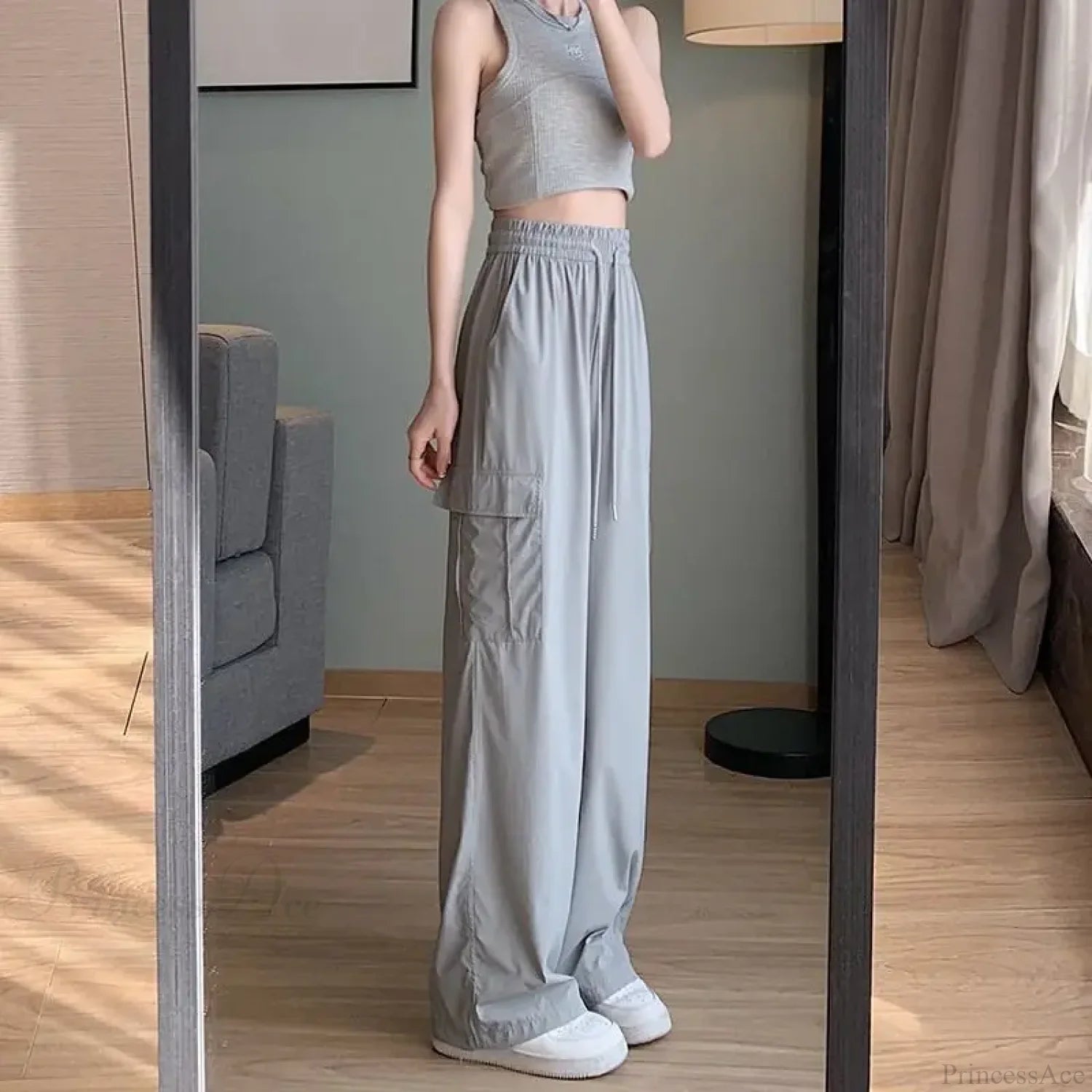 Solid High Waist Fashion Cargo Pants GRAY / S