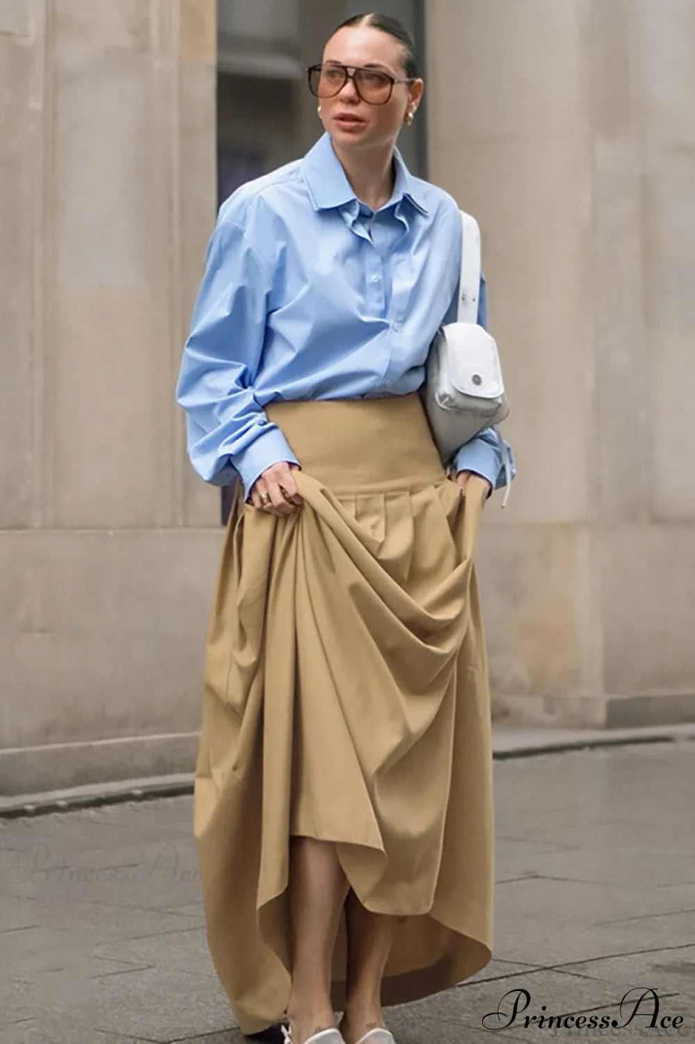 Solid High Waist Pleated Maxi Skirt