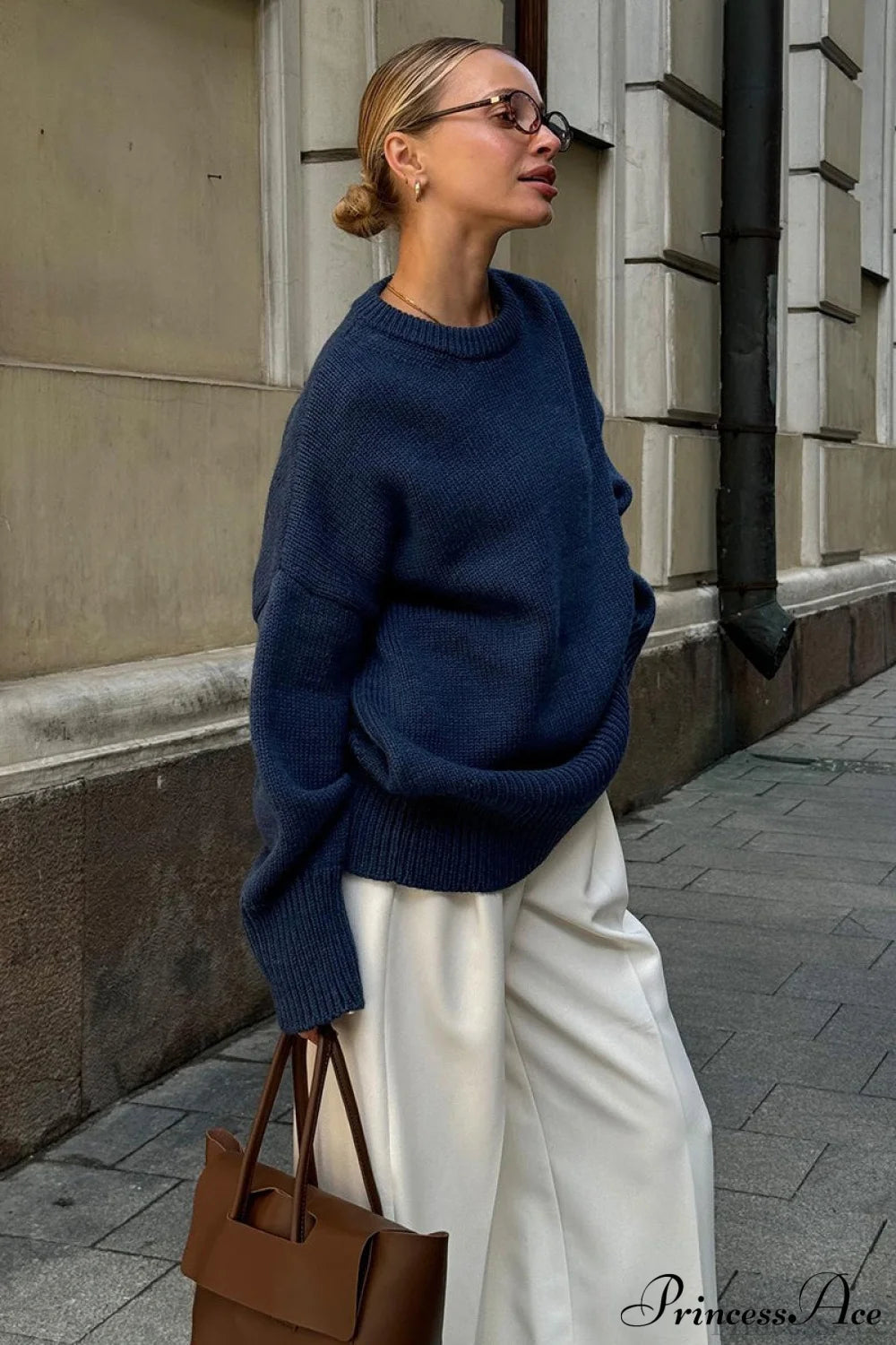 Solid Knit Crew Neck Sweater Navy Blue / S