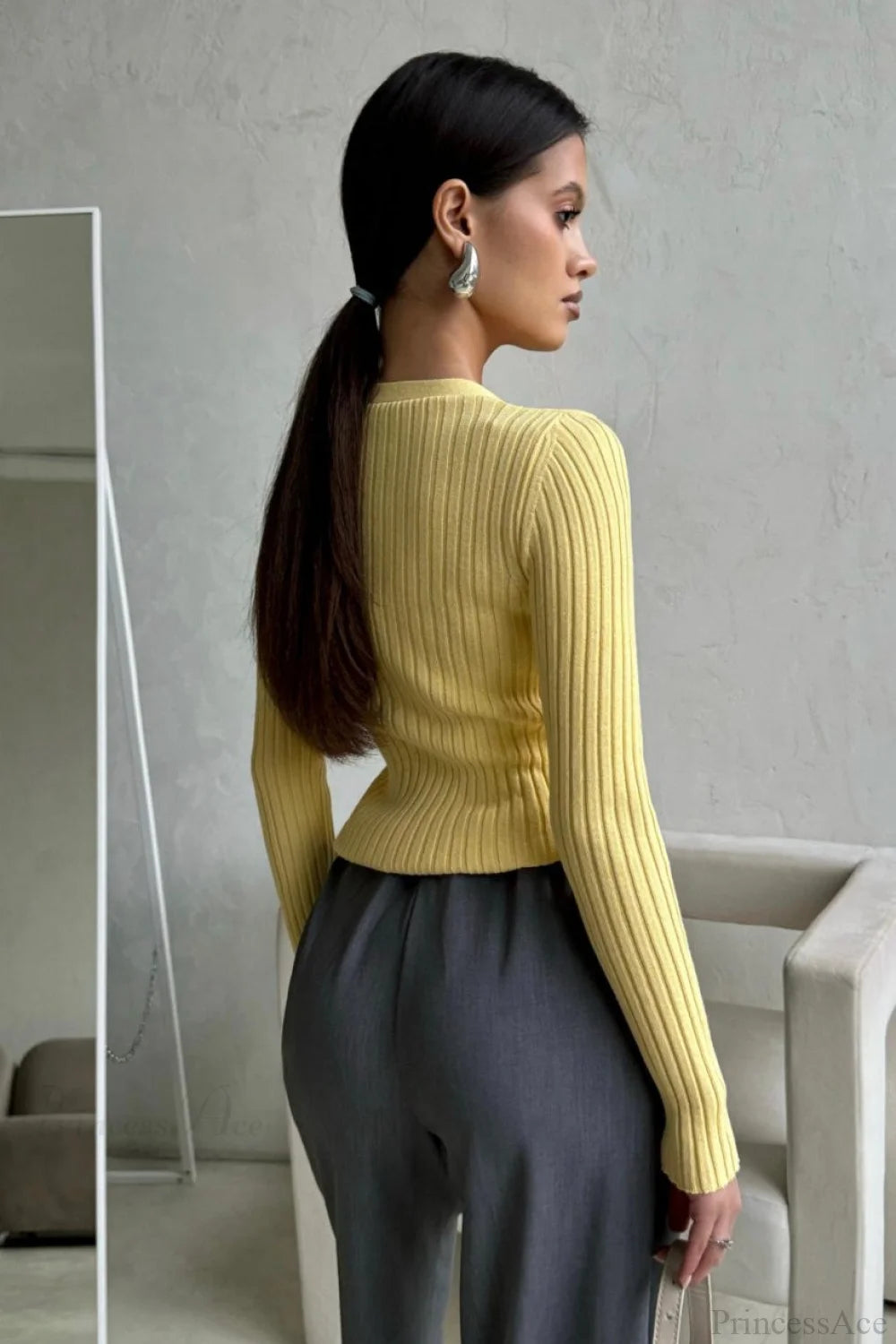 solid Knit Half Placket Slim Long Sleeve Tee