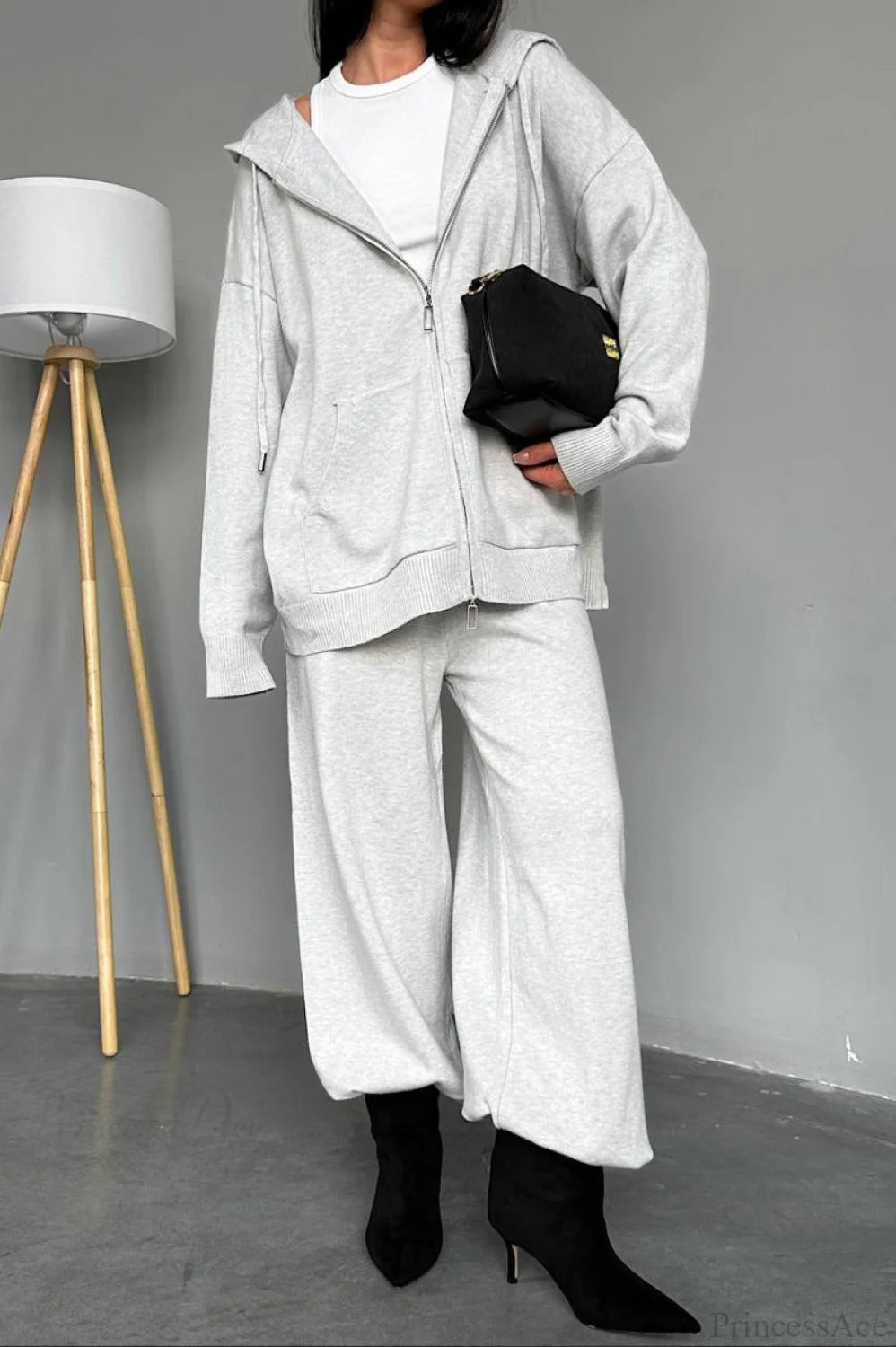 Solid Knit hooded Straight-Leg Two Piece Set Light gray / S
