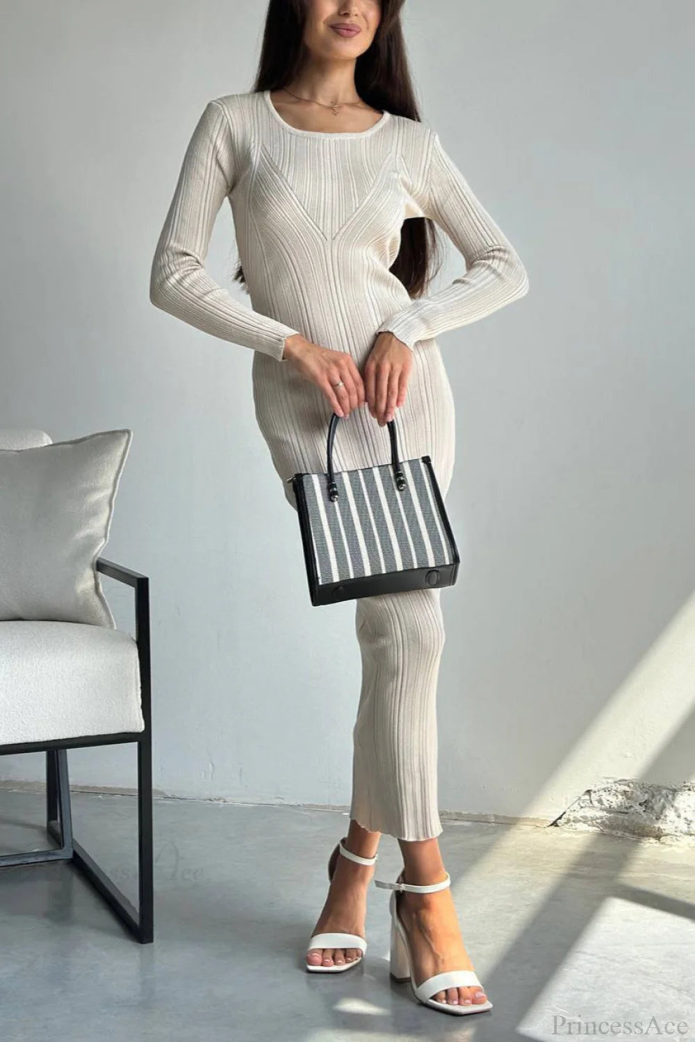 Solid Knit Waisted Long Sleeve Maxi Dress Beige / S