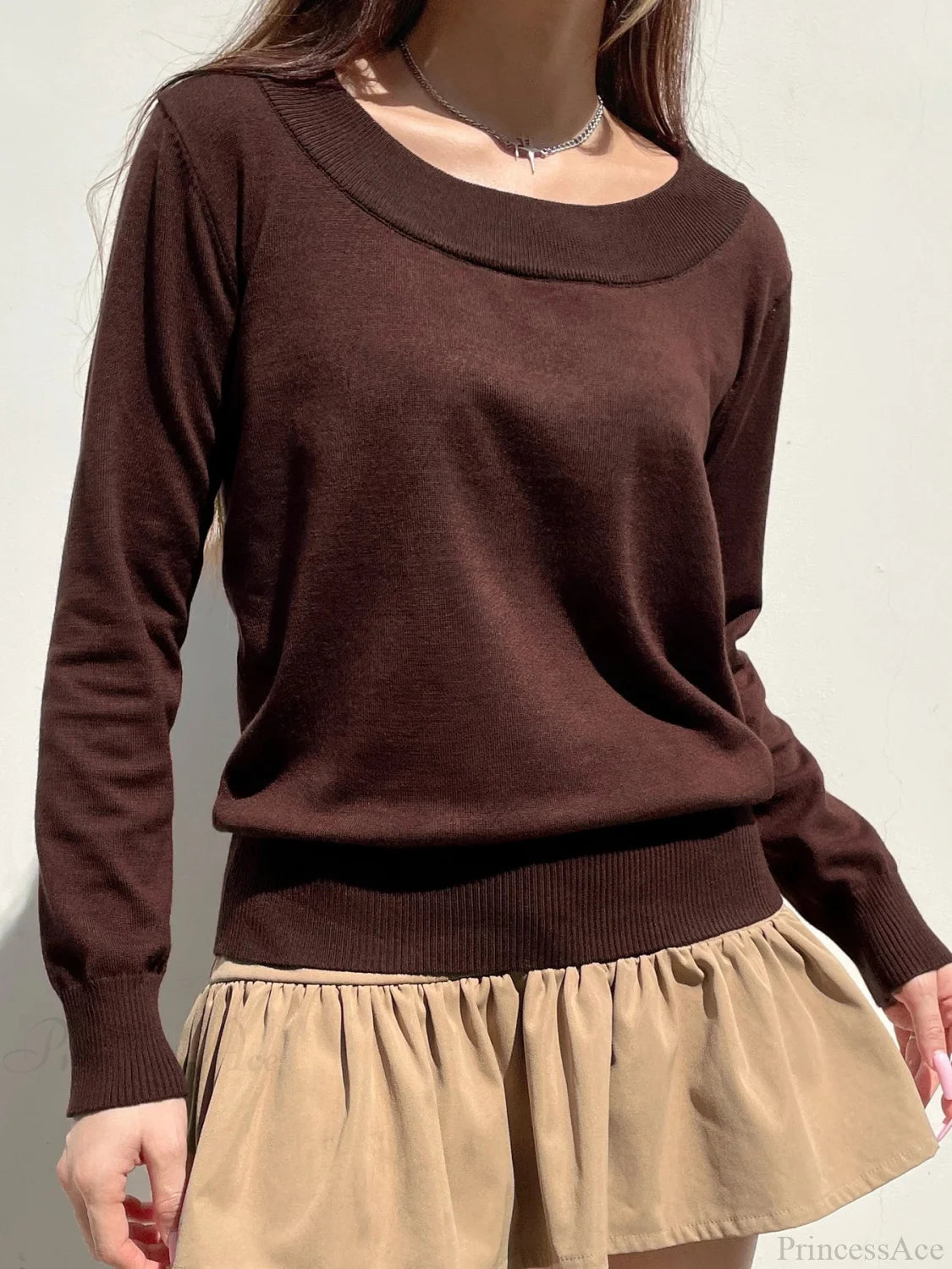 Solid Knitted Slash Neck Long Sleeve Pullover Sweater knittop-250126