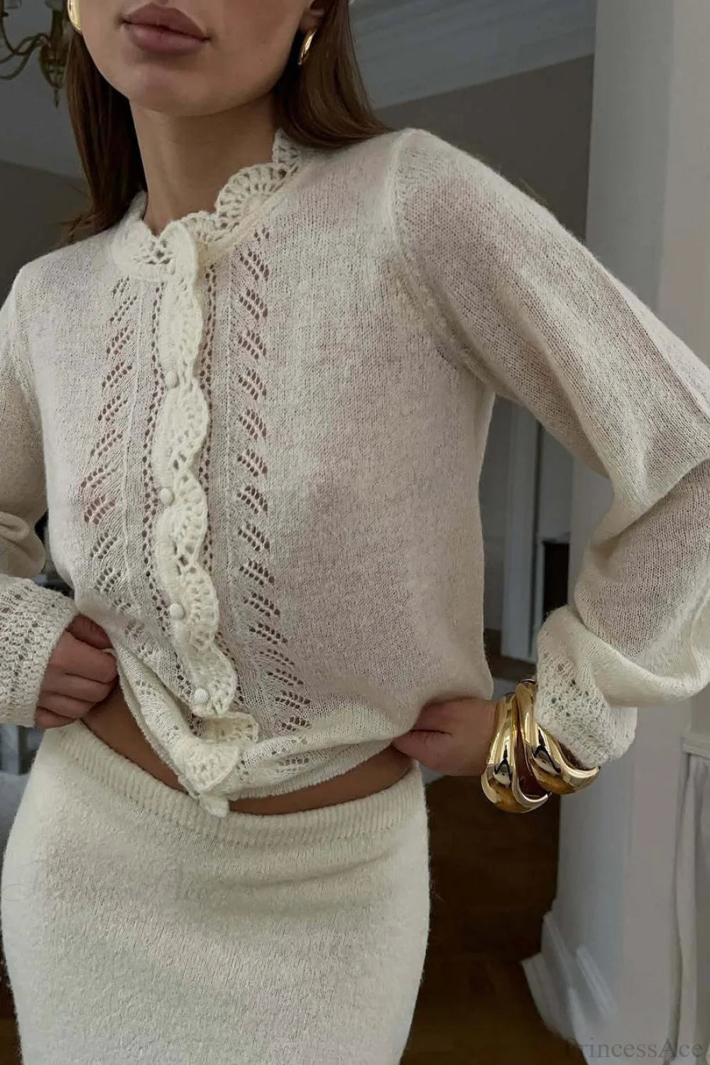 Solid Lace Cutout Knit Crew Neck Cardigan White / S